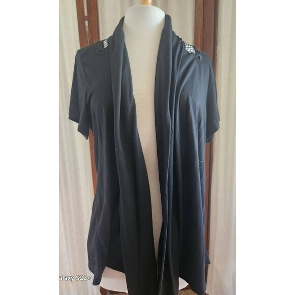 C39 Ever Blue knit open front cardigan, black with lace inset in back - Picture 7 of 8